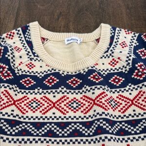 Blueberry Cream Fair Isle Knit Sweater with Navy & Red Pattern